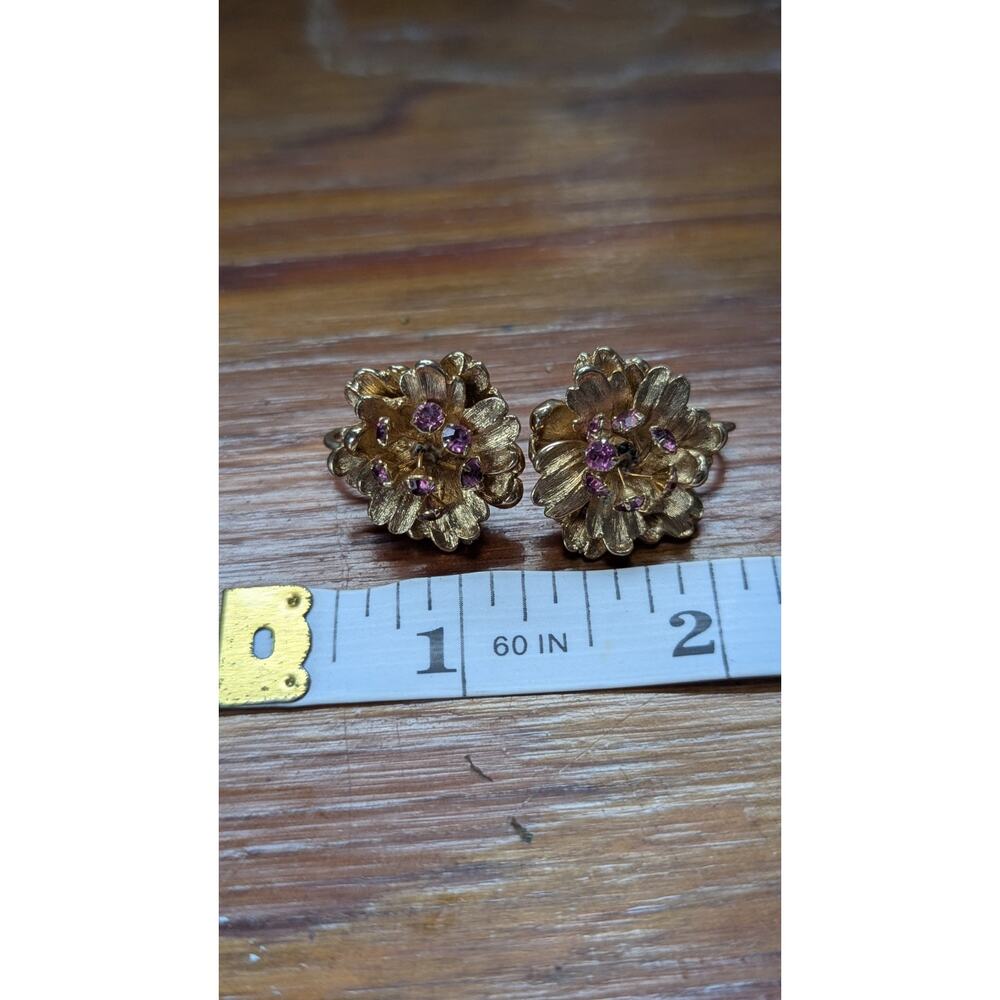 Vintage Signed Marvella Gold Tone Flower Cluster Purple Rhinestone Clip Earrings